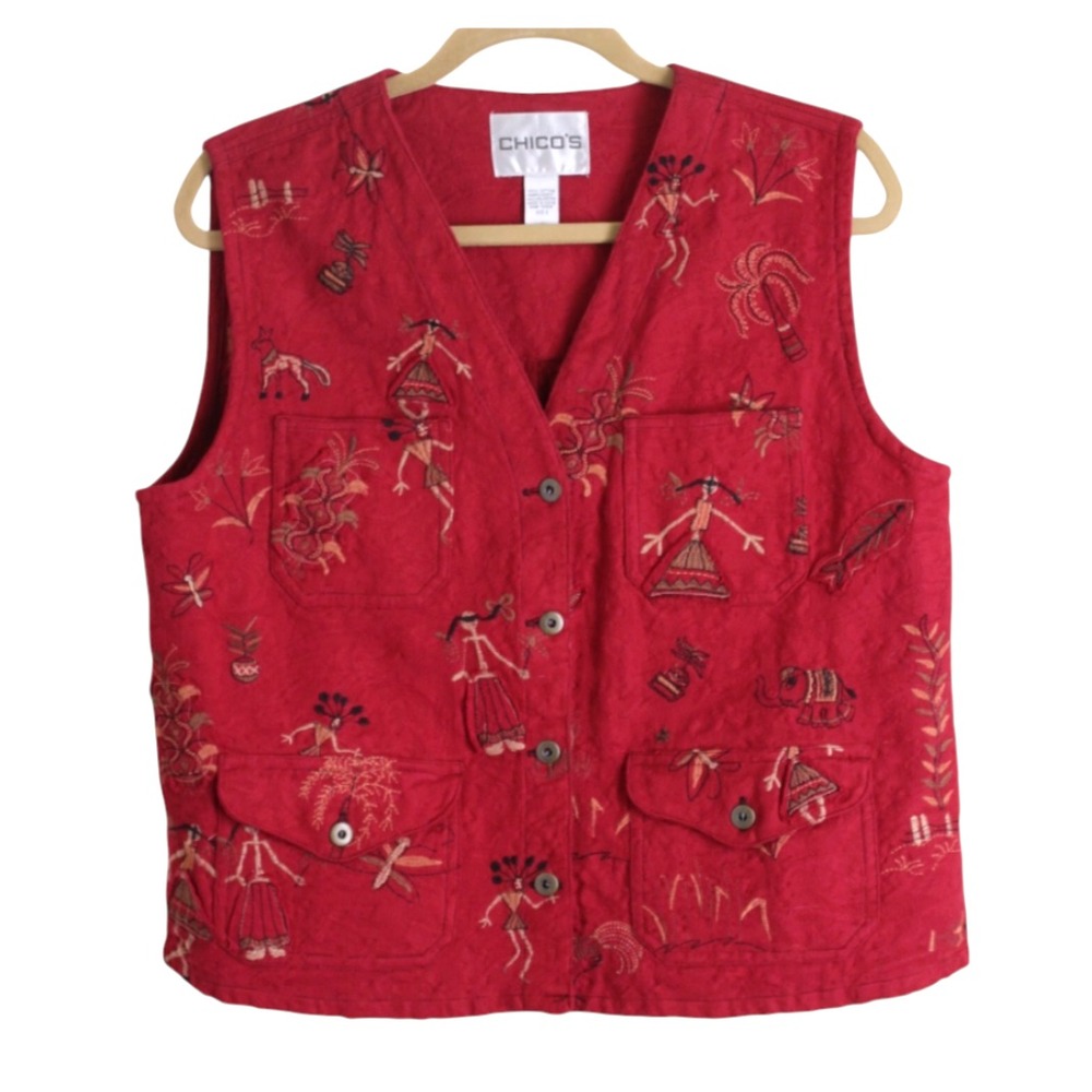 VTG CHICO'S Dark Red Cotton Jacquard VEST TOP Embroidered AFRICAN PEOPLE sz 3/XL